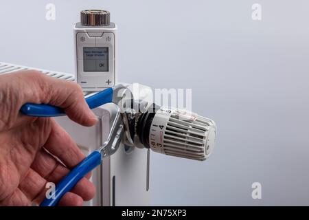 Man's hand with water pump pliers replaces manual radiator thermostat with WLAN radiator thermostat FRITZ! DECT 302, display shows installation instructions, symbol image, replace heating thermostat, change thermostat, smart home technology, networking, digital, save heating costs, white background, Stock Photo