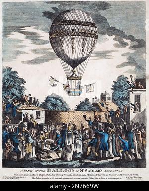 JAMES SADLER (1753-1828) first English balloonist.Print showing his ascent with  'Captain Paget of the Royal Navy from the Gardens of the Mermaid Theatre at Hackney on Monday Aug 12 1811' Stock Photo