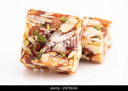 Khajur Barfi Or Khajoor Dry Fruits Burfi Made Of Dates, Anjeer, Kaju, Cashew Nuts, Raisins, Kismis, Pista, Poppy Seeds, Almonds, Pistachio, Badam, Maw Stock Photo