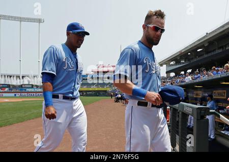 Kansas City Royals All Star game picks Alex Gordon left and Salvador Perez are recognized before a baseball game against the Oakland Athletics Sunday July 7 2013 in Kansas City Mo. The Royals