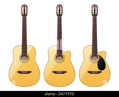 Vector set of different shape realistic classical acoustic guitars, isolated on a white background. Stock Vector
