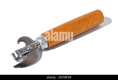 Hand opener for cans, bottles with a wooden handle on a white isolated background Stock Photo