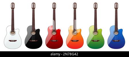 Vector set of colorful classical acoustic guitars, isolated on a white background. Stock Vector