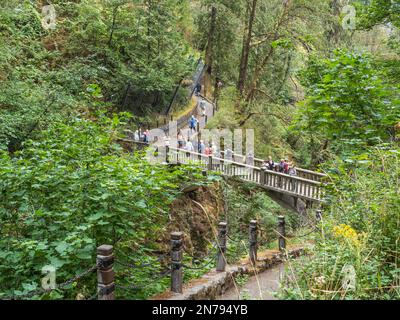 Visitor on the Benson Bridge, Multnomah Falls, Columbia River Gorge National Scenic Area, Oregon. Stock Photo