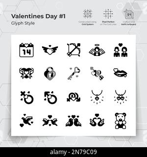 Valentine's day icon set in glyph black fill style with a love and heart theme. A Collection of love and romance vector symbols for Valentine's Day ce Stock Vector