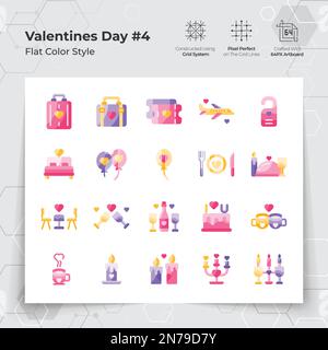 Valentine's day icons set in flat color style with holiday traveling and dinner themed. A Collection of love and romance vector symbols for Valentine' Stock Vector