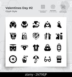 Valentine's day icon set in glyph black fill style with gifts and fall in love themed. A Collection of love and romance vector symbols for Valentine's Stock Vector