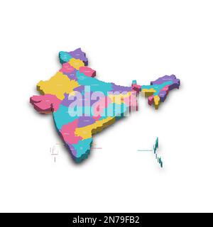 India political map of administrative divisions - states and union teritorries. Colorful 3D vector map with dropped shadow and country name labels. Stock Vector