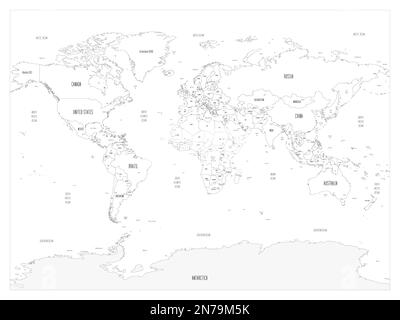 Political map of World. Black outline hand-drawn cartoon style illustrated map with bathymetry. Handwritten labels of country, capital city, sea and ocean names. Simple flat vector map. Stock Vector