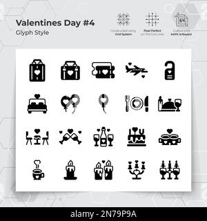 Valentine's day icons set in glyph black fill style with holiday traveling and dinner themed. A Collection of love and romance vector symbols for Vale Stock Vector
