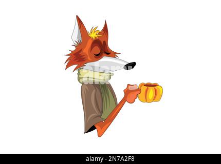 A cute colorful red fox is drinking a cup of hot tea Vector Image Stock Vector