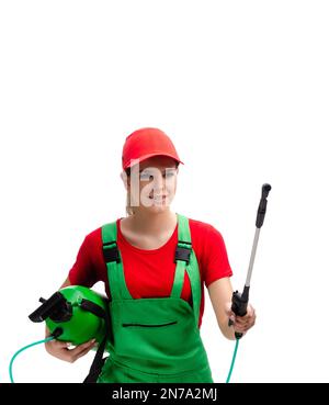 The female pest control contractor isolated on white Stock Photo