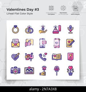 Valentine's day icons set in line flat color style with wedding gifts and chat themed. A Collection of love and romance vector symbols for Valentine's Stock Vector
