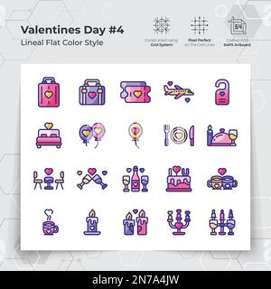 Valentine's day icons set in line flat color style with holiday traveling and dinner themed. A Collection of love and romance vector symbols for Valen Stock Vector