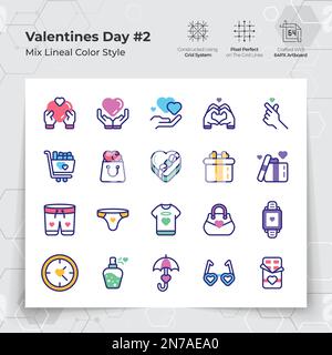 Valentine's day icon set in line color fill style with gifts and fall in love themed. A Collection of love and romance vector symbols for Valentine's Stock Vector