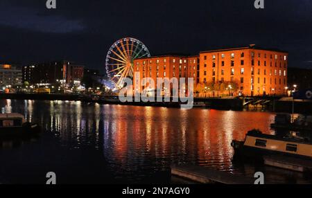 Liverpool lit up at night, Albert Dock. Stock Photo