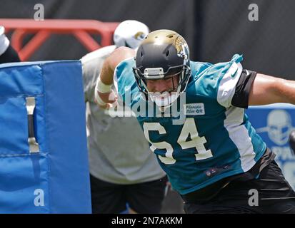 Jacksonville Jaguars guard Drew Nowak (64) and center Brad Meester (63)  walk to practice during a voluntary veteran NFL football mini-camp,  Tuesday, April 16, 2013, in Jacksonville, Fla. (AP Photo/Stephen Morton  Stock