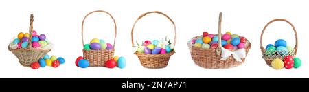 Set of wicker baskets with bright Easter eggs on white background, banner design Stock Photo