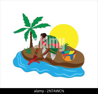 Indian woman working. washing clothes in river Stock Vector