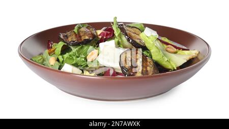 Delicious salad with roasted eggplant, feta cheese and arugula isolated on white Stock Photo