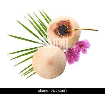 Young peeled coconuts with straw, palm leaf and flowers on white background, top view Stock Photo