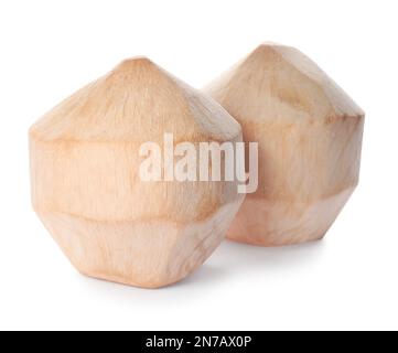 Fresh young peeled coconuts on white background Stock Photo