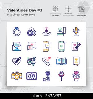Valentine's day icons set in line color fill style with holiday traveling and dinner themed. A Collection of love and romance vector for Valentine Stock Vector