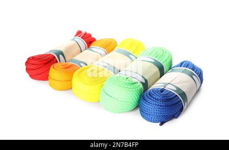 Packed colorful shoe laces on white background Stock Photo