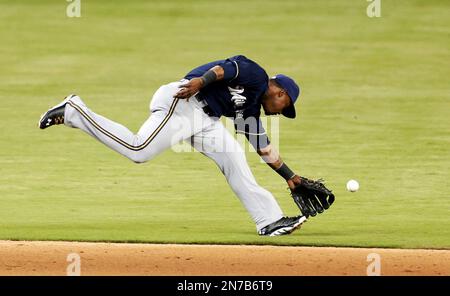 Miami Marlins' Jean Segura bats during the fifth inning of a baseball game  against the Cleveland Guardians, Sunday, April 23, 2023, in Cleveland. (AP  Photo/Nick Cammett Stock Photo - Alamy