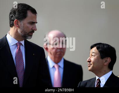 Spain's Crown Prince Felipe, left, and Japan's Crown Prince Naruhito, as they review royal guard troops during the welcome ceremony, at the Pardo Palace, near Madrid, Monday, June 10, 2013. Crown Prince Naruhito launched a celebration of Japan's 400-year relationship with Spain on a visit that will take him to a curious town where many residents still carry the name 'Japon' to honor the Japanese who visited in the 17th century. (AP Photo/Andres Kudacki)