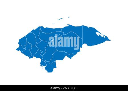 Honduras political map of administrative divisions - departments. Solid blue blank vector map with white borders. Stock Vector