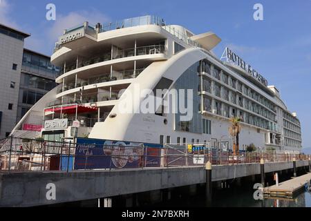 The Sunborn Hotel & Casino, Gibraltar, a permanently moored 5 star floating structure built to get round strict onshore new build planning permission. Stock Photo