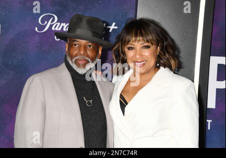 HOLLYWOOD, CALIFORNIA - FEBRUARY 09: (L-R) LeVar Burton and Stephanie Cozart Burton arrive for the Los Angeles premiere of the third and final season Stock Photo