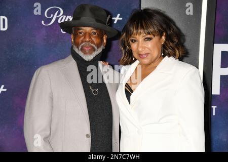 HOLLYWOOD, CALIFORNIA - FEBRUARY 09: (L-R) LeVar Burton and Stephanie Cozart Burton arrive for the Los Angeles premiere of the third and final season Stock Photo