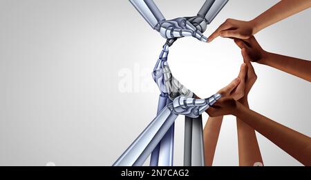 Unity and diversity partnership as heart hands in a group of diverse people and robots connected together as Cybernetics and transhumanism Stock Photo