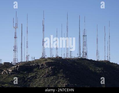 Phoenix, United States. 09th Feb, 2023. Radio Antennas are on a mountain at Dobbins Lookout in Phoenix, Arizona on Friday, February 10, 2023. The Philadelphia Eagles will play the Kansas City Chiefs in Super Bowl LVII at State Farm Stadium in Glendale, Arizona on Sunday, February 12th, 2023. Photo by John Angelillo/UPI Credit: UPI/Alamy Live News Stock Photo