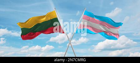 two crossed flags transgender Pride and Qatar waving in wind at cloudy ...