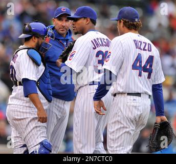 Chicago Cubs' Anthony Rizzo talks to Milwaukee Brewers' Christian Yelich  during the seventh inning of a baseball game Saturday, April 6, 2019, in  Milwaukee. (AP Photo/Aaron Gash Stock Photo - Alamy