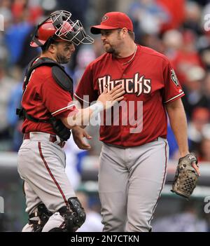 PHO2002070101 - Phoenix, July 1 (UPI) -- The Los Angeles Dodgers closing  pitcher, Eric Gagne is congratulated by catcher Paul Lo Duca after  defeating the Arizona Diamondbacks at Bank One Ballpark in Phoenix July 1,  2002. Gagne was credited with his