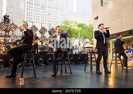 98 Degrees band members, from left, Justin Jeffre, Jeff Timmons, Nick  Lachey and Drew Lachey arrive to KTUphoria 2018 at Jones Beach Theater on  Saturday, June 16, 2018, in Wantagh, New York. (