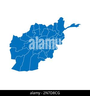 Afghanistan political map of administrative divisions - provinces. Solid blue blank vector map with white borders. Stock Vector