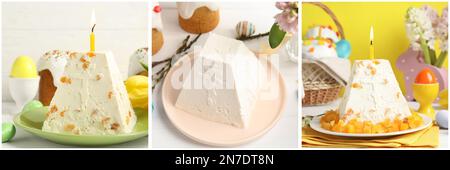 Collage with photos of cheese Easter paskhas, banner design Stock Photo