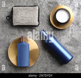 Flat lay composition with men's cosmetics on light grey marble ...