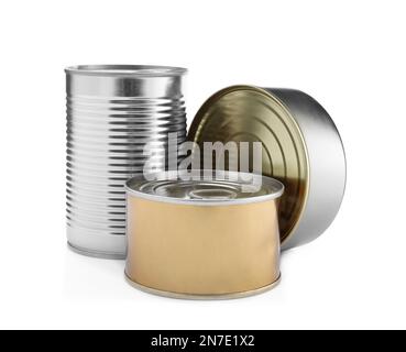 Different tin cans on white background. Mockup for design Stock Photo