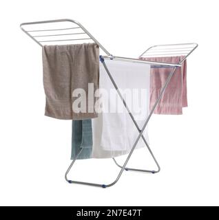 Modern drying rack with towels on white background Stock Photo