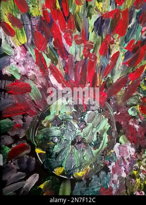 Dark abstract painting with floral pattern and thick brush strokes Stock Photo