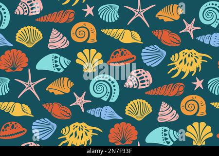 Sea shell nautical seamless pattern. Ocean underwater seashell conch aquatic mollusk sink print textile. Exotic spiral snail, marine starfish boundless background. Tropical scrapbook repeat ornament Stock Vector