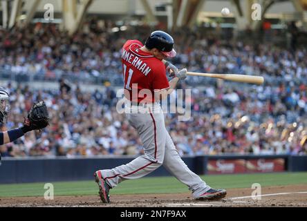 Washington Nationals' Ryan Zimmerman hits a three-RBI double off New York  Mets' Tom Glavine in the third inning at Shea Stadium in Flushing, New  York, Monday, September 25, 2006. The Nationals defeated