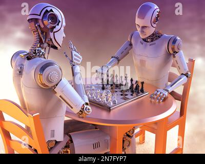 Robots playing chess, illustration Stock Photo