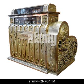 Customer side of an Antique Cash Register. Isolated Stock Photo